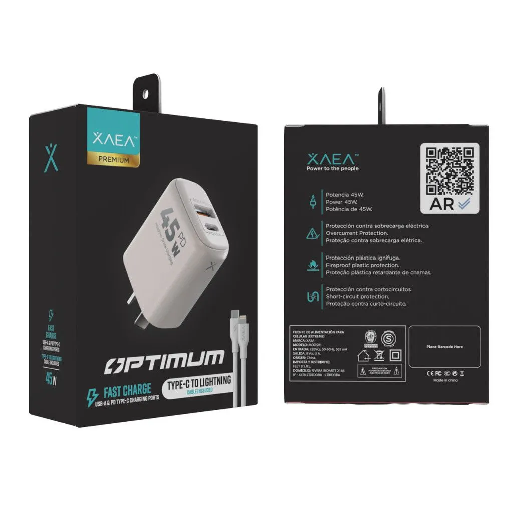 CARGADOR 220V OPTIMUM - 5A - PUERTOS USB-C + CABLE C-IP MODX-00JH - XAEA - BLANCO