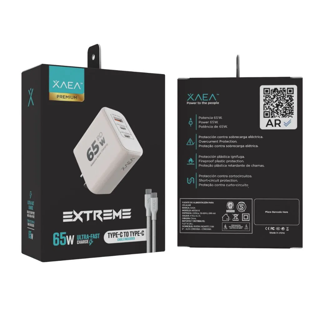 CARGADOR 220V EXTREME - 6,2A - PUERTOS USB-2 C + CABLE C-C MODX-00JK - XAEA PREMIUM - BLANCO